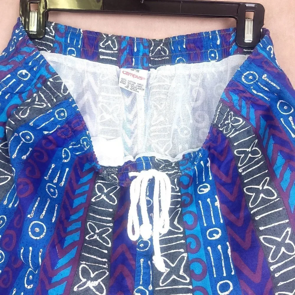 Vintage Campus Swim Trunks Shorts Blue Purple Grey Native Print Size Large